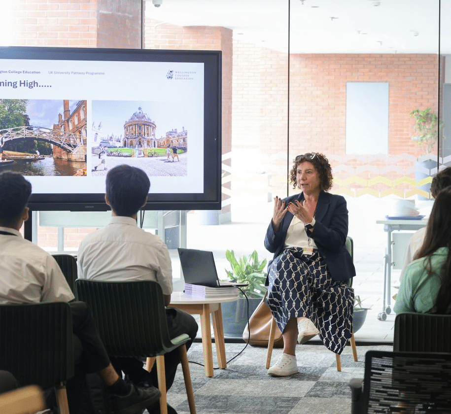 Rachel Loaring discussing global opportunities with pupils and parents at Wellington College International School Pune.